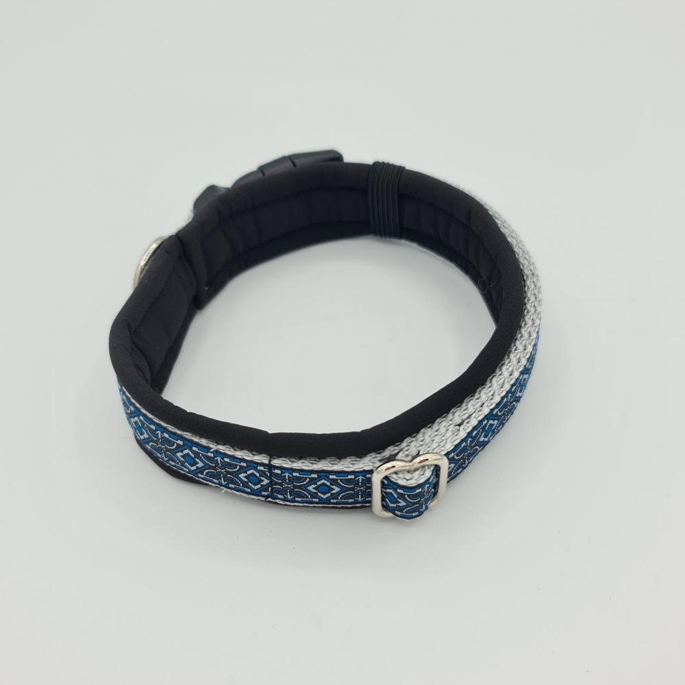 Halsband schwarz-blau-grau mit edler Bordüre verstellbar & gepolstert